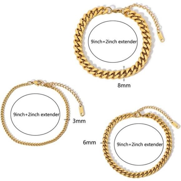 Gold Anklet Set for Women Waterproof Cuban Link Plus Size Stainless Steel - Picture 3 of 8